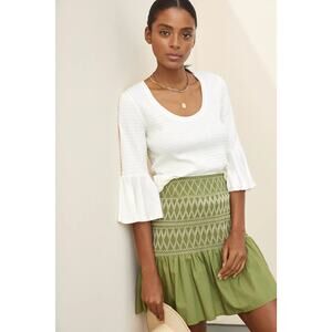 Anthropologie Smocked Bell Sleeve Top in White